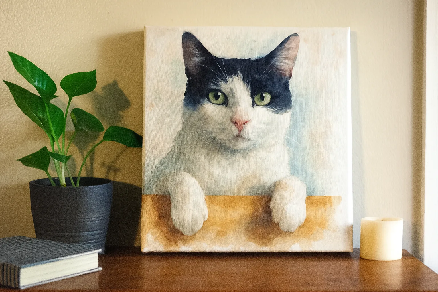 A gallery-wrapped canvas tabby cat portrait leaning on a wooden shelf