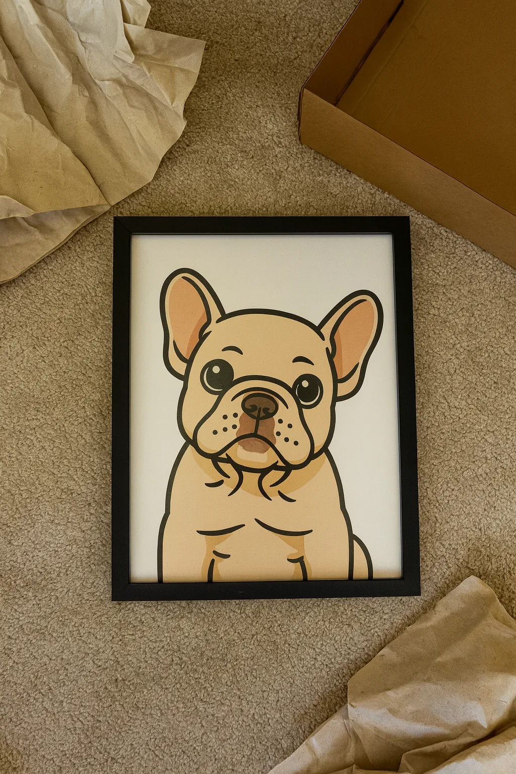A framed cartoon French Bulldog portrait on a living-room carpet next to packing paper and an open box